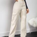 Women Cargo Flap Pocket Denim Cream Jeans Pant