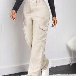 Women Cargo Flap Pocket Denim Cream Jeans Pant