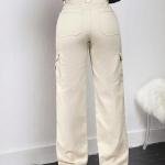 Women Cargo Flap Pocket Denim Cream Jeans Pant