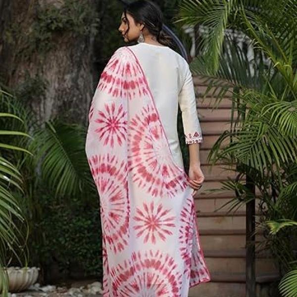 Women's Cotton Blend Straight Embroidered Kurta with Pant & Dupatta